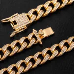 10mm Round Moissanite Cuban Link Chain Goldrush in 14K Yellow Gold Closeup Clasp