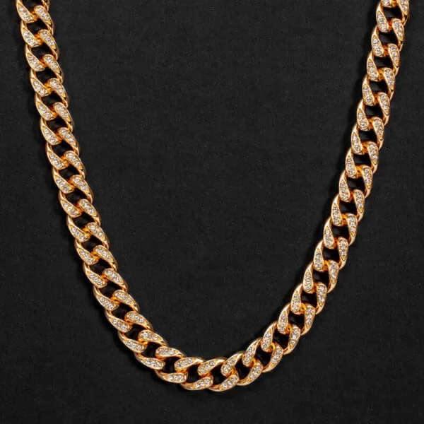 10mm Round Moissanite Cuban Link Chain Goldrush in 14K Yellow Gold Closeup Front