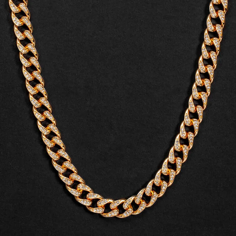 10mm Round Moissanite Cuban Link Chain Goldrush in 14K Yellow Gold Closeup Front