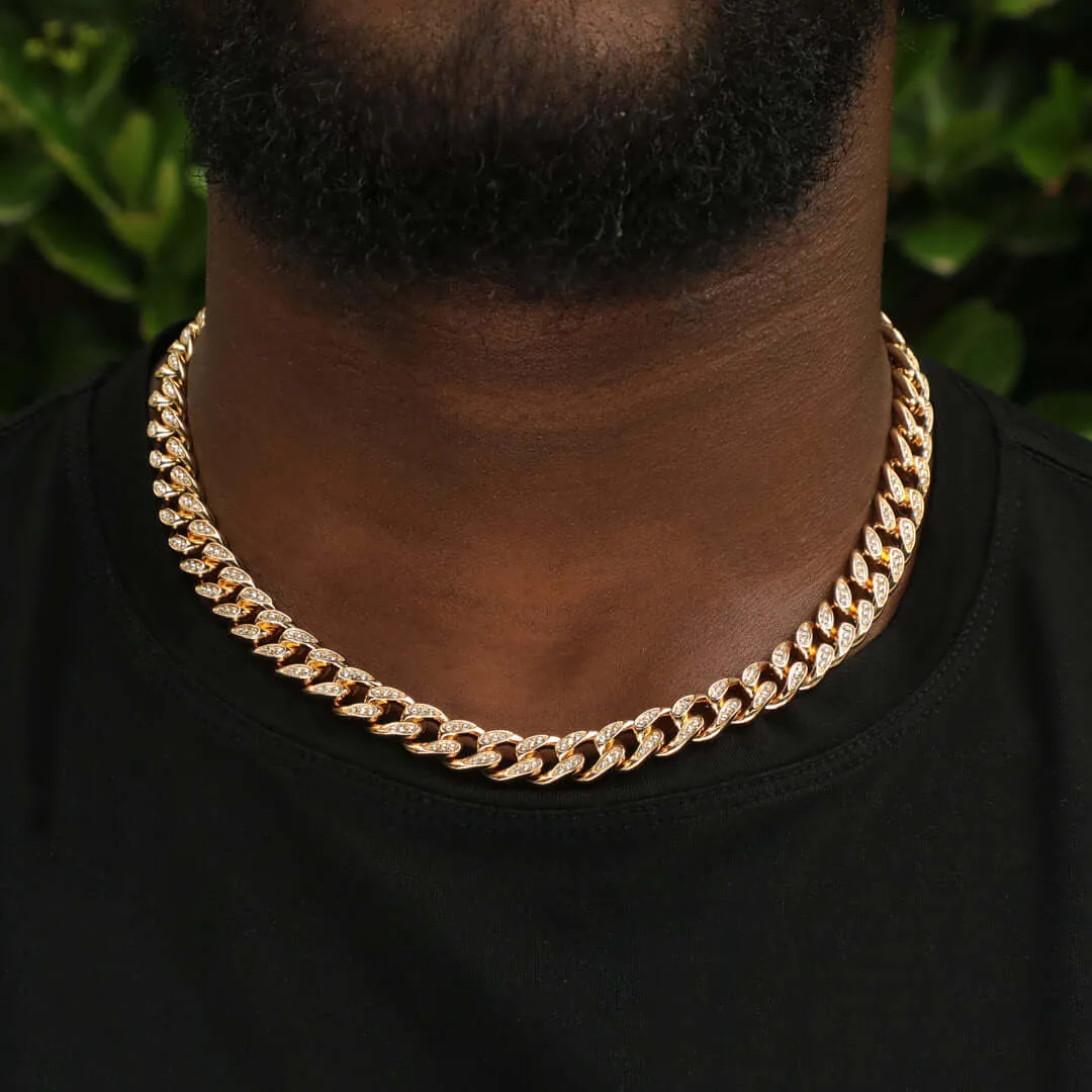 10mm Round Moissanite Cuban Link Chain Goldrush in 14K Yellow Gold Neck