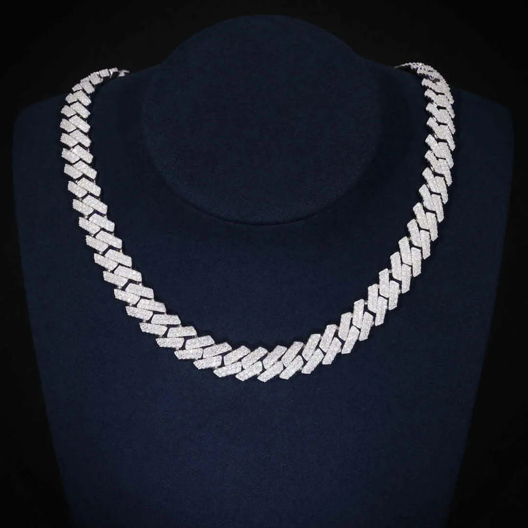 10mm Round Moissanite Cuban Link Chain Luxora in 14K White Gold Neck