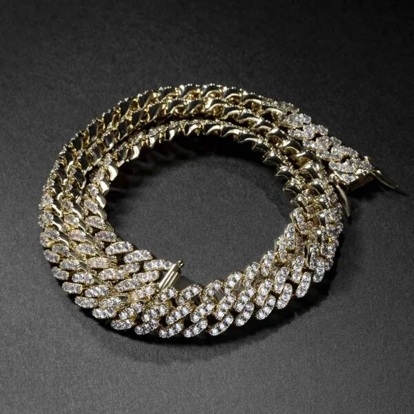 10mm Round Moissanite Cuban Link Chain Regalia in 14K Yellow Gold Closeup Front
