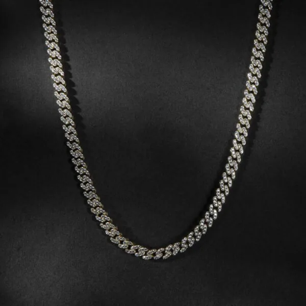 10mm Round Moissanite Cuban Link Chain Regalia in 14K Yellow Gold Closeup Full Chain