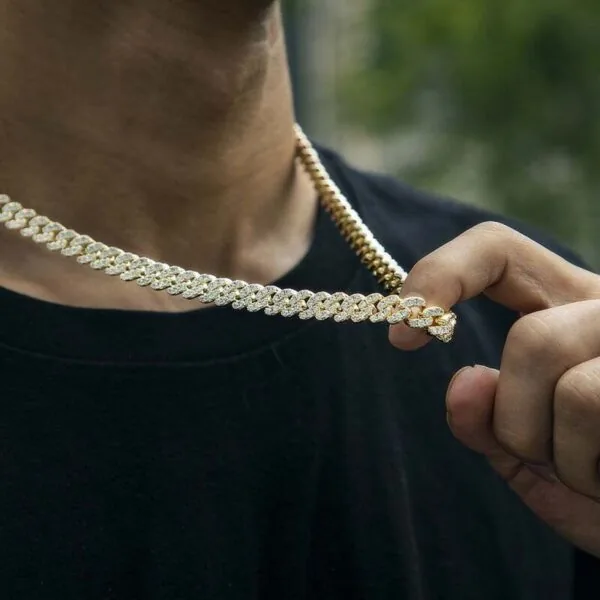 10mm Round Moissanite Cuban Link Chain Regalia in 14K Yellow Gold Closeup Neck