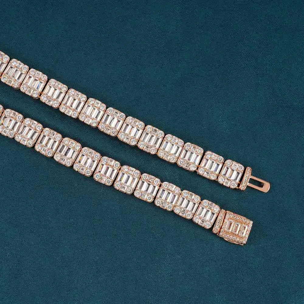 11mm Round Moissanite Tennis Chain BaguetteGlow in 14K Rose Gold Closeup Clasp