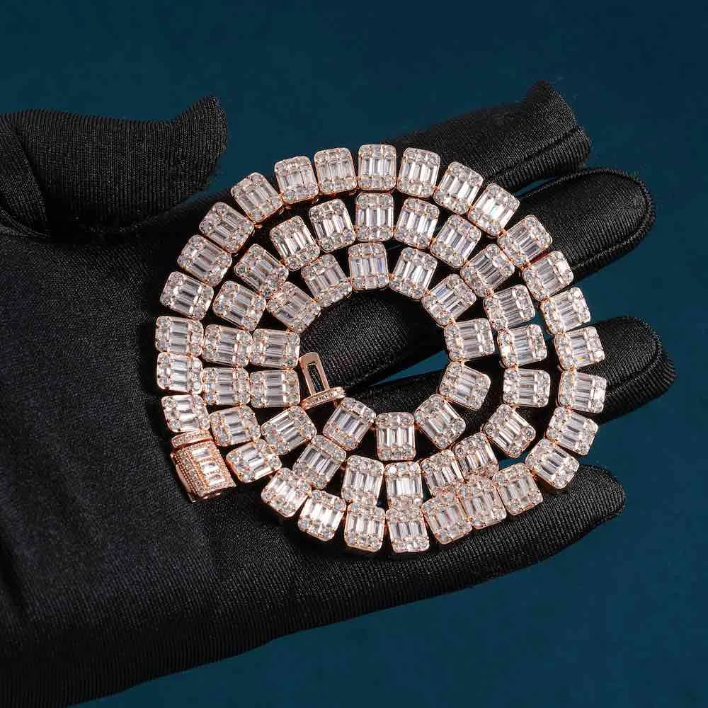 11mm Round Moissanite Tennis Chain BaguetteGlow in 14K Rose Gold Closeup Front View