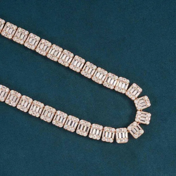 11mm Round Moissanite Tennis Chain BaguetteGlow in 14K Rose Gold Closeup Middle View