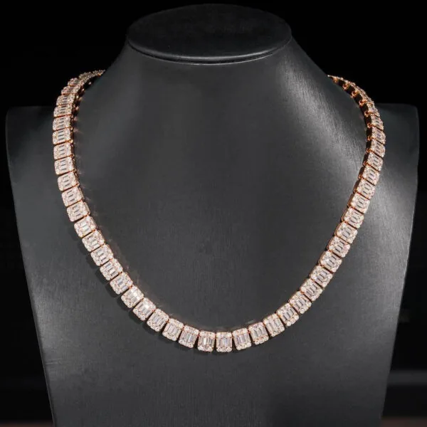 11mm Round Moissanite Tennis Chain BaguetteGlow in 14K Rose Gold Closeup Neck View