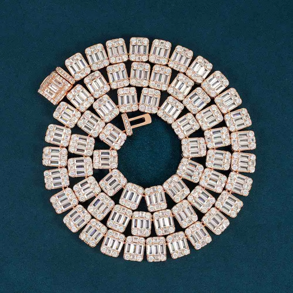 Moissanite Tennis Chain Baguette Glow in 14K Rose Gold, 11mm Round Cut