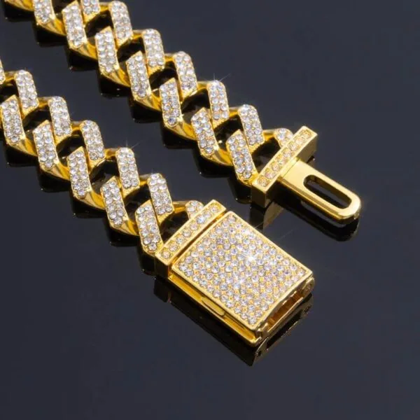 12mm Round Moissanite Cuban Link Chain Batlink in 14K Yellow Gold Clasp