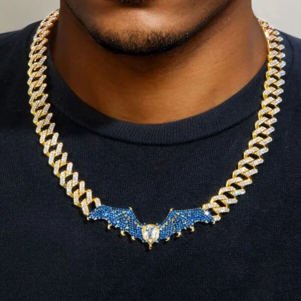 12mm Round Moissanite Cuban Link Chain Batlink in 14K Yellow Gold Closeup Neck