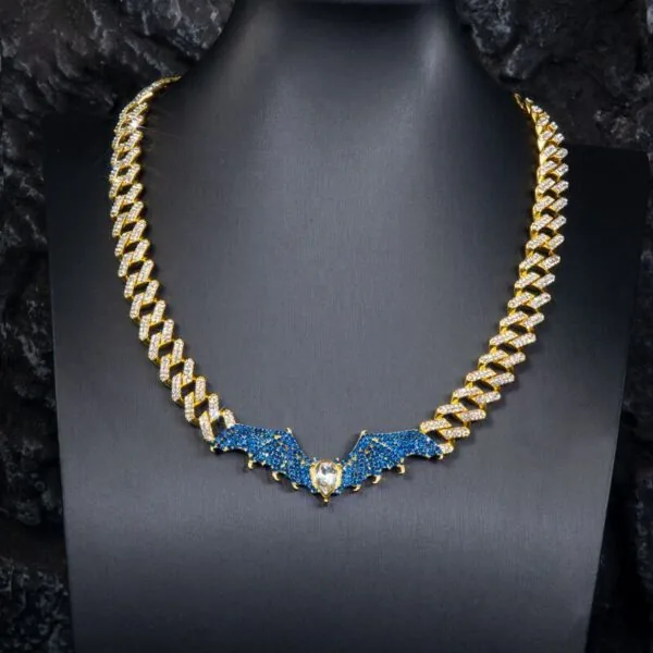 12mm Round Moissanite Cuban Link Chain Batlink in 14K Yellow Gold Neck
