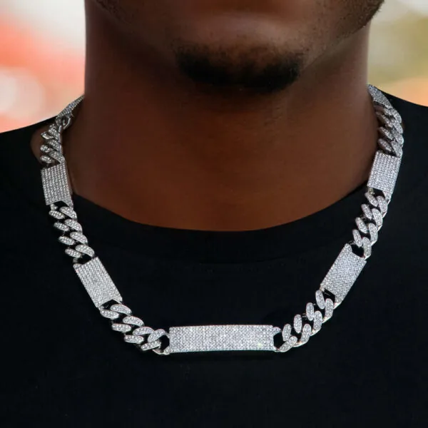 12mm Round Moissanite Cuban Link Chain Frozelle in 14K White Gold Closeup Neck View