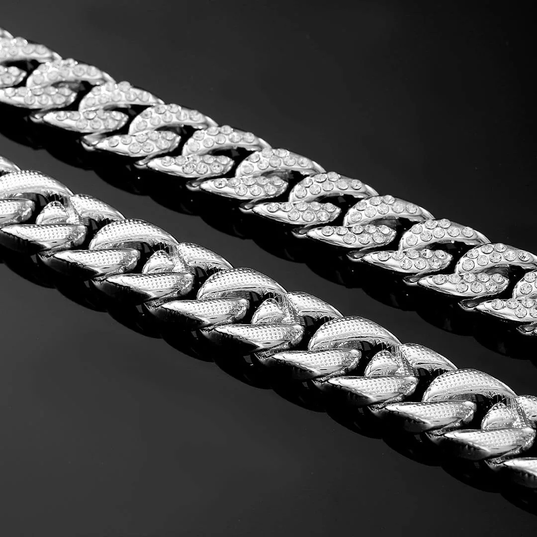 13mm Round Moissanite Cuban Link Chain Silvage in 14K White Gold Closeup View