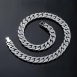 Moissanite Cuban Link Chain Silvage in 14K White Gold with round stones and 13mm width
