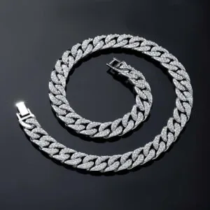 13mm Round Moissanite Cuban Link Chain Silvage in 14K White Gold