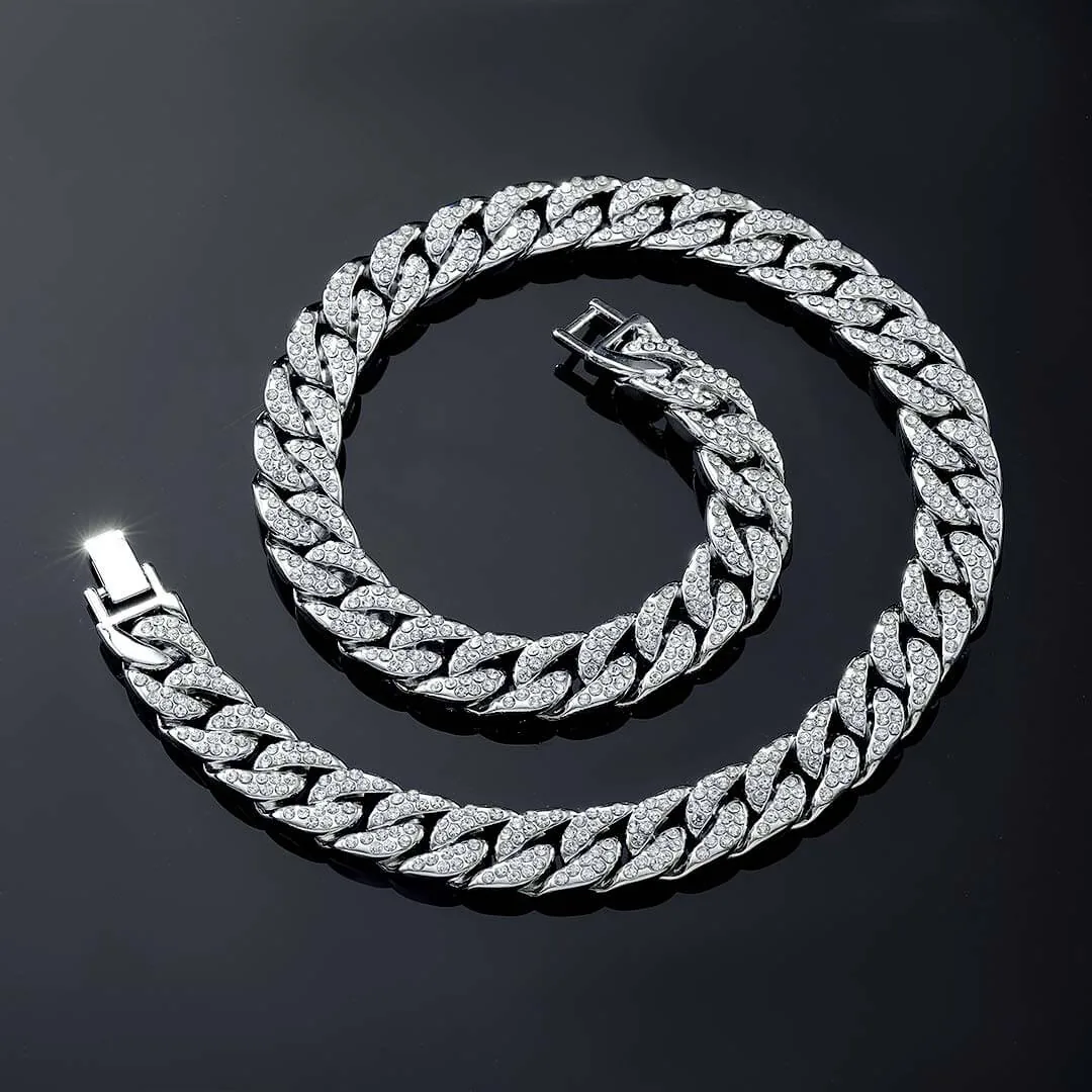 Moissanite Cuban Link Chain Silvage in 14K White Gold with round stones and 13mm width