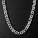 13mm Round Moissanite Cuban Link Chain Silvage in 14K White Gold Neck View