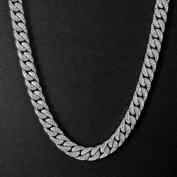13mm Round Moissanite Cuban Link Chain Silvage in 14K White Gold Neck View