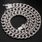 14mm Round Moissanite Cuban Link Chain Crimson in 14K White Gold