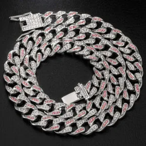 14mm Round Moissanite Cuban Link Chain Crimson in 14K White Gold