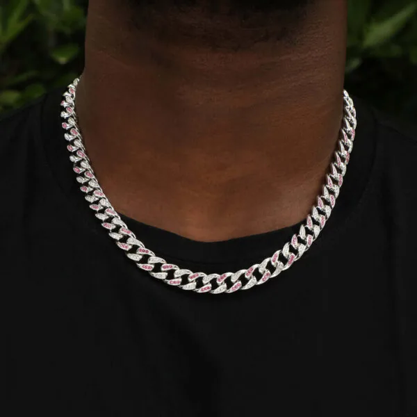 Neck View of 14mm Round Moissanite Cuban Link Chain Crimson in 14K White Gold