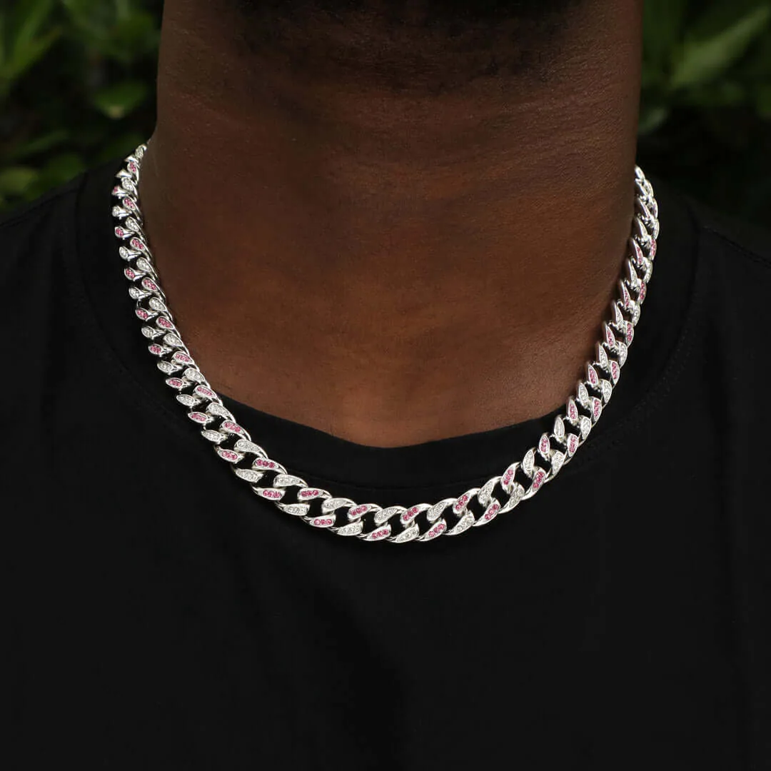 Neck View of 14mm Round Moissanite Cuban Link Chain Crimson in 14K White Gold