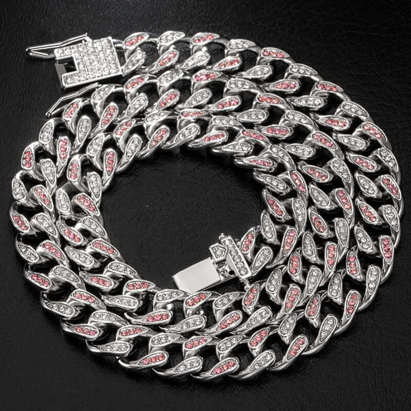 14mm Round Moissanite Cuban Link Chain Crimson in 14K White Gold
