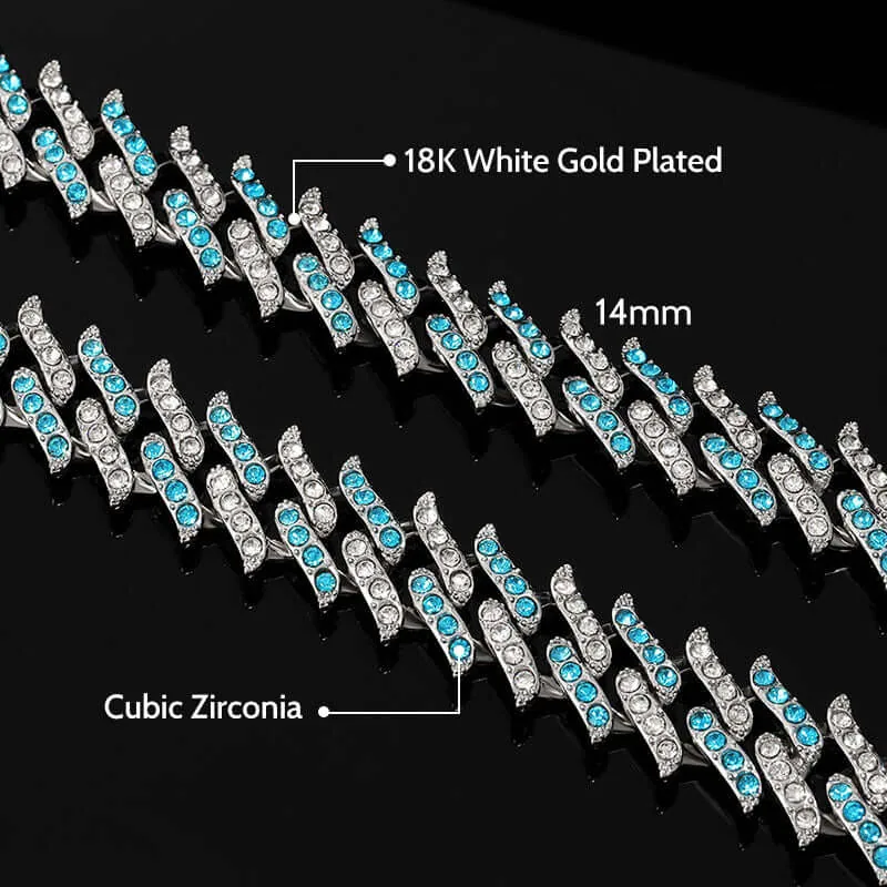 14mm Round Moissanite Cuban Link Chain Tempest in 14K White Gold Close-up Middle View