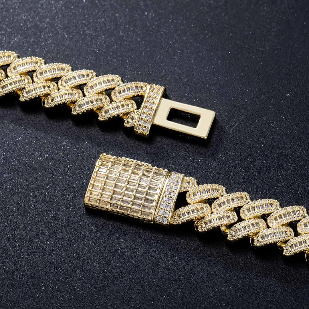 14mm Round Moissanite Cuban Link Chain Vanguard in 14K Yellow Gold Closeup Clasp