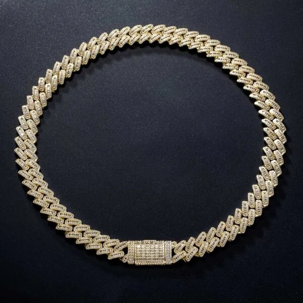 14mm Round Moissanite Cuban Link Chain Vanguard in 14K Yellow Gold Closeup Front