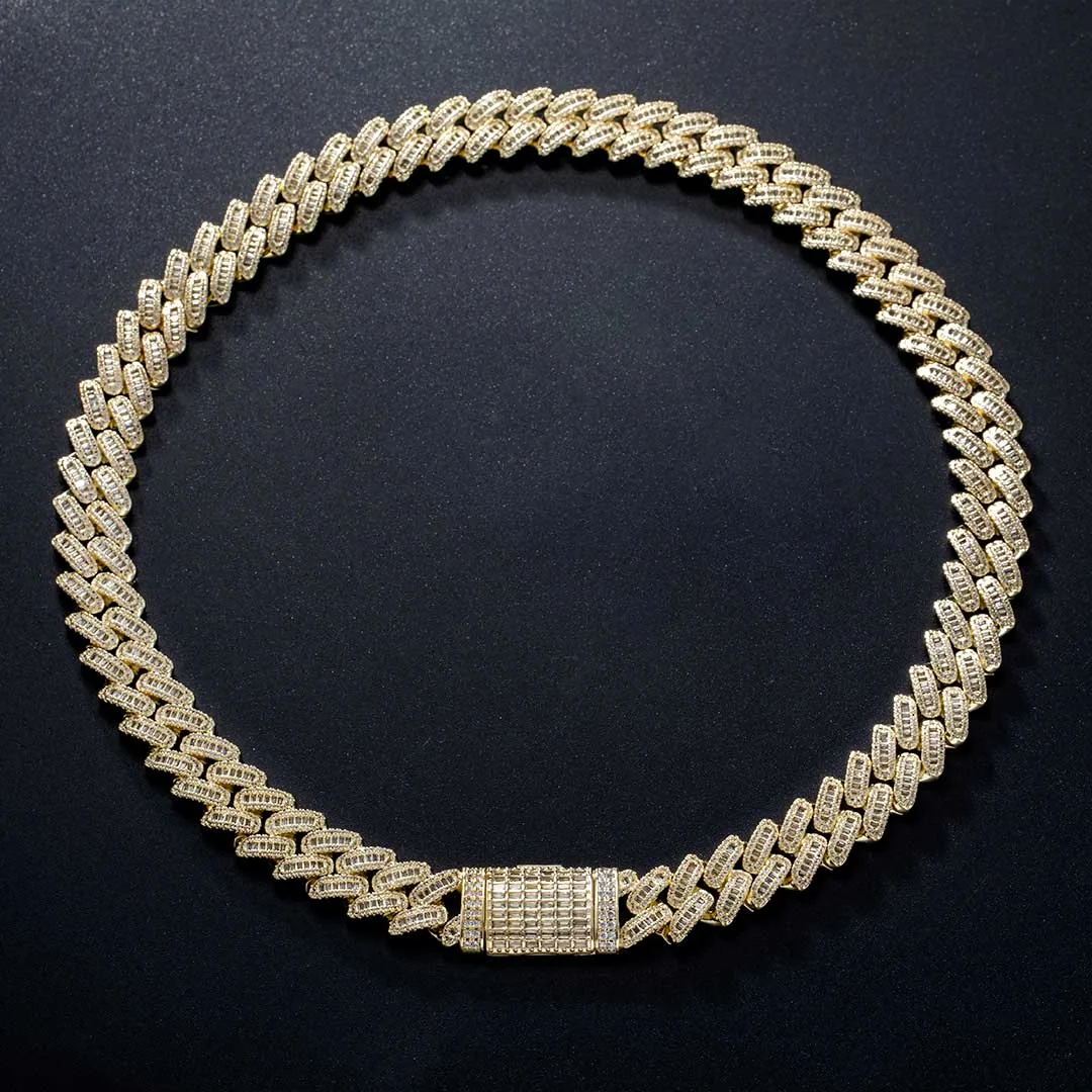 14mm Round Moissanite Cuban Link Chain Vanguard in 14K Yellow Gold Closeup Front