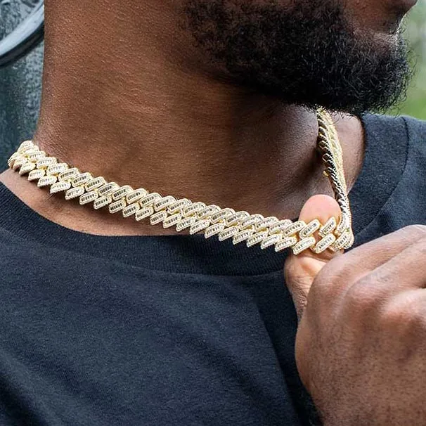 14mm Round Moissanite Cuban Link Chain Vanguard in 14K Yellow Gold Closeup Neck