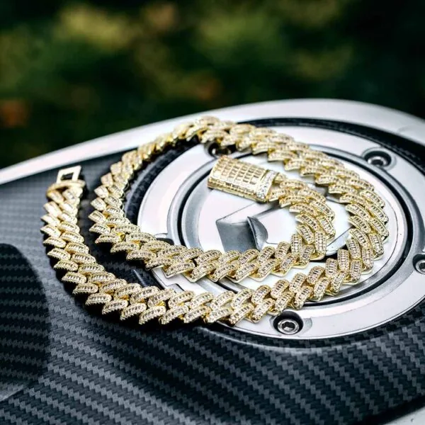 14mm Round Moissanite Cuban Link Chain Vanguard in 14K Yellow Gold Front