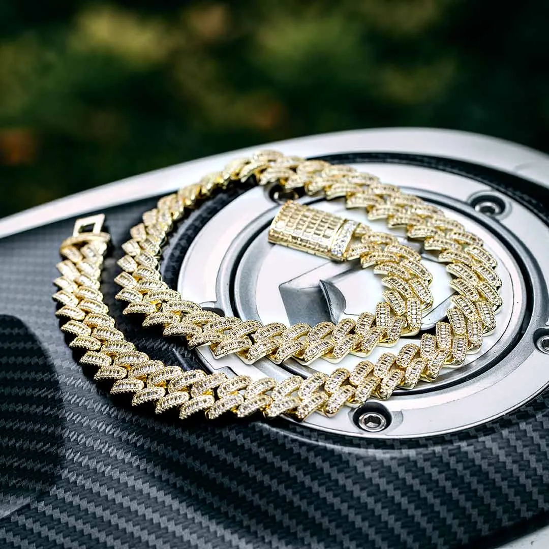14mm Round Moissanite Cuban Link Chain Vanguard in 14K Yellow Gold Front