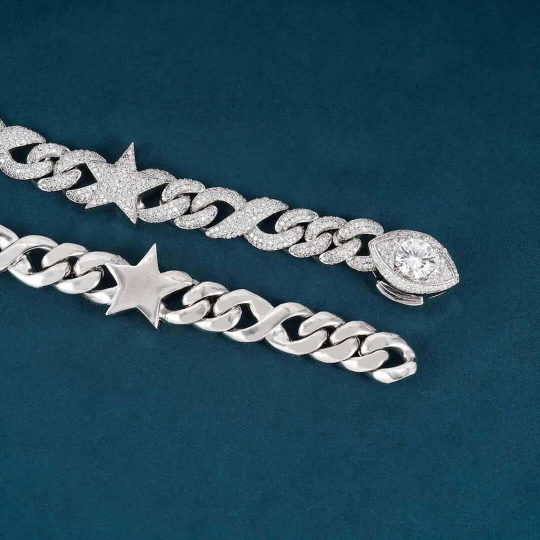 15mm Round Moissanite Cuban Link Chain AstralMesh in 14K White Gold Closeup Clasp