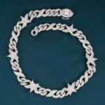 15mm Round Moissanite Cuban Link Chain AstralMesh in 14K White Gold Closeup Full Chain