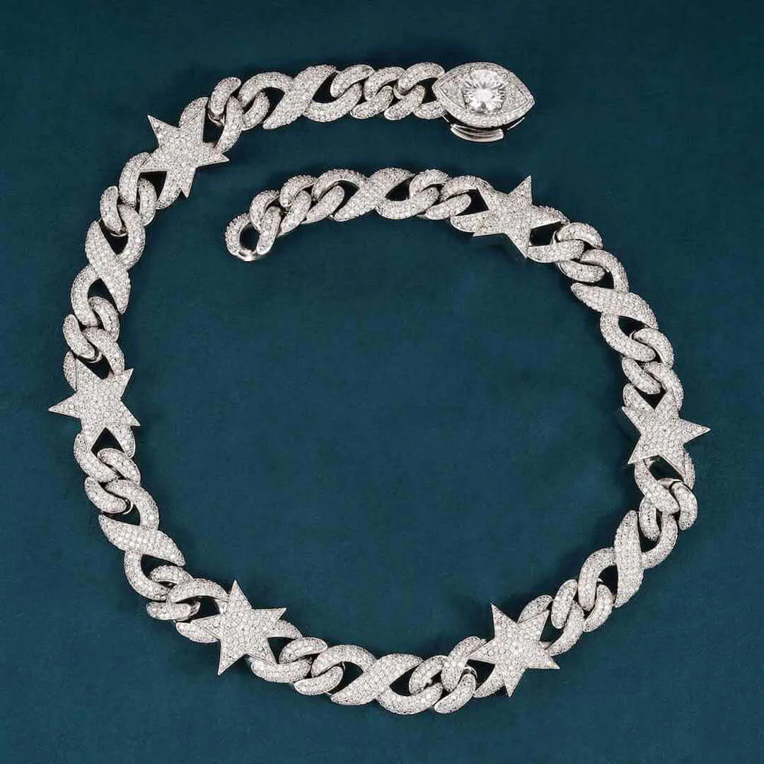 15mm Round Moissanite Cuban Link Chain AstralMesh in 14K White Gold Closeup Full Chain