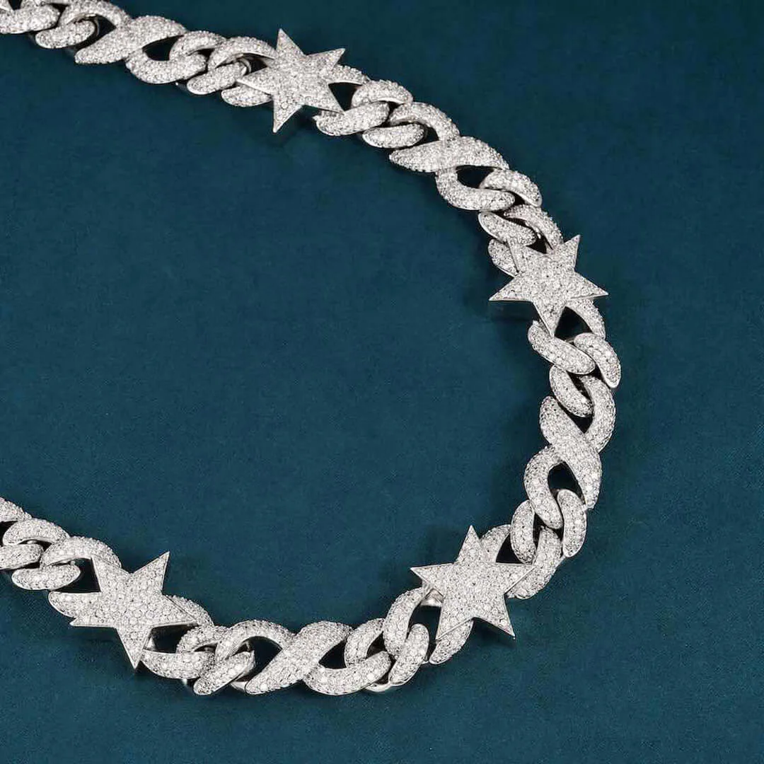 15mm Round Moissanite Cuban Link Chain AstralMesh in 14K White Gold Closeup Half Chain