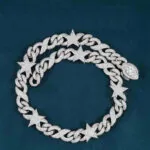 Moissanite Cuban Link Chain Astral Mesh in 14K White Gold, 15mm width and round cut stones.