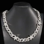 15mm Round Moissanite Cuban Link Chain AstralMesh in 14K White Gold Full Chain Closeup Front