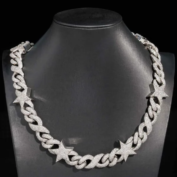 15mm Round Moissanite Cuban Link Chain AstralMesh in 14K White Gold Full Chain Closeup Front
