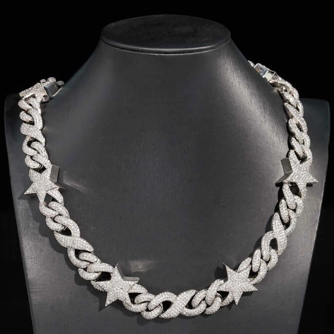 15mm Round Moissanite Cuban Link Chain AstralMesh in 14K White Gold Full Chain Closeup Front