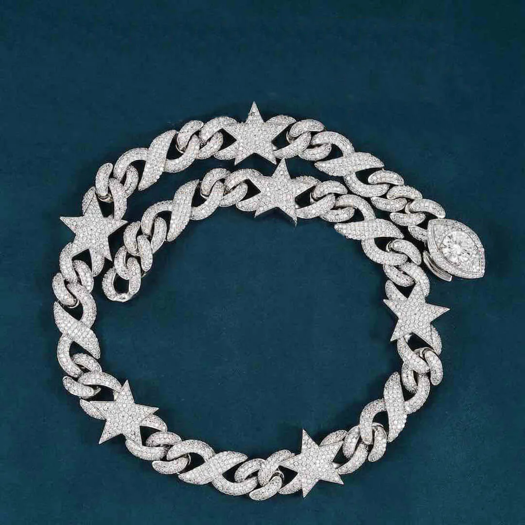 Moissanite Cuban Link Chain Astral Mesh in 14K White Gold, 15mm width and round cut stones.