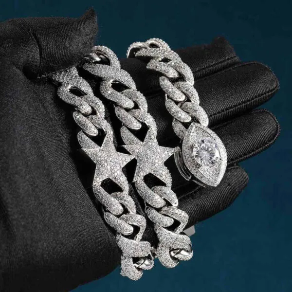 15mm Round Moissanite Cuban Link Chain AstralMesh in 14K White Gold Half Chain Closeup Front