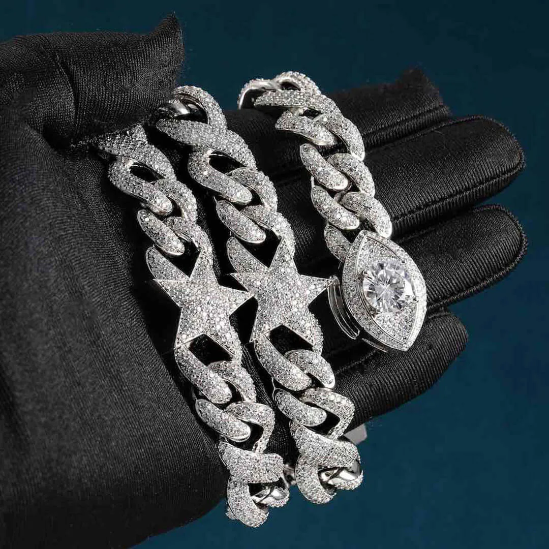 15mm Round Moissanite Cuban Link Chain AstralMesh in 14K White Gold Half Chain Closeup Front
