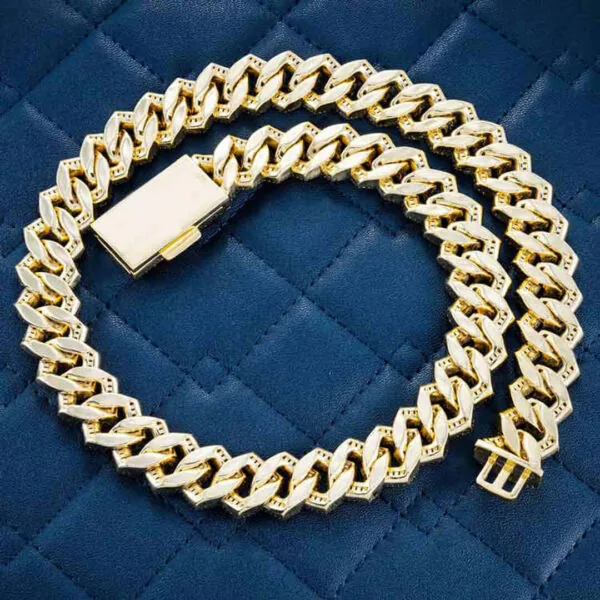 15mm Round Moissanite Cuban Link Chain Aurion in 14K Yellow Gold Back