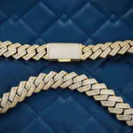 15mm Round Moissanite Cuban Link Chain Aurion in 14K Yellow Gold Clasp Closeup