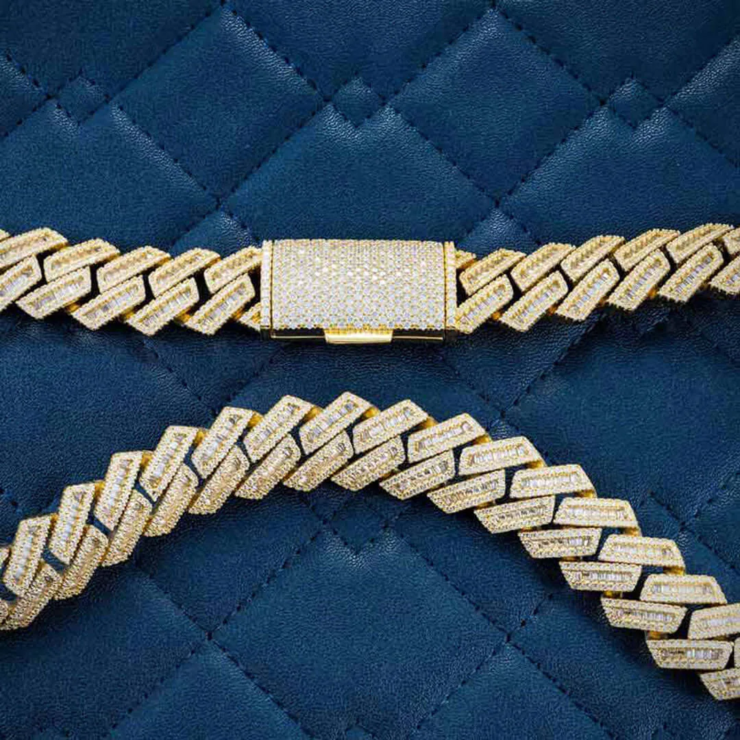 15mm Round Moissanite Cuban Link Chain Aurion in 14K Yellow Gold Clasp Closeup