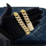 15mm Round Moissanite Cuban Link Chain Aurion in 14K Yellow Gold Close
